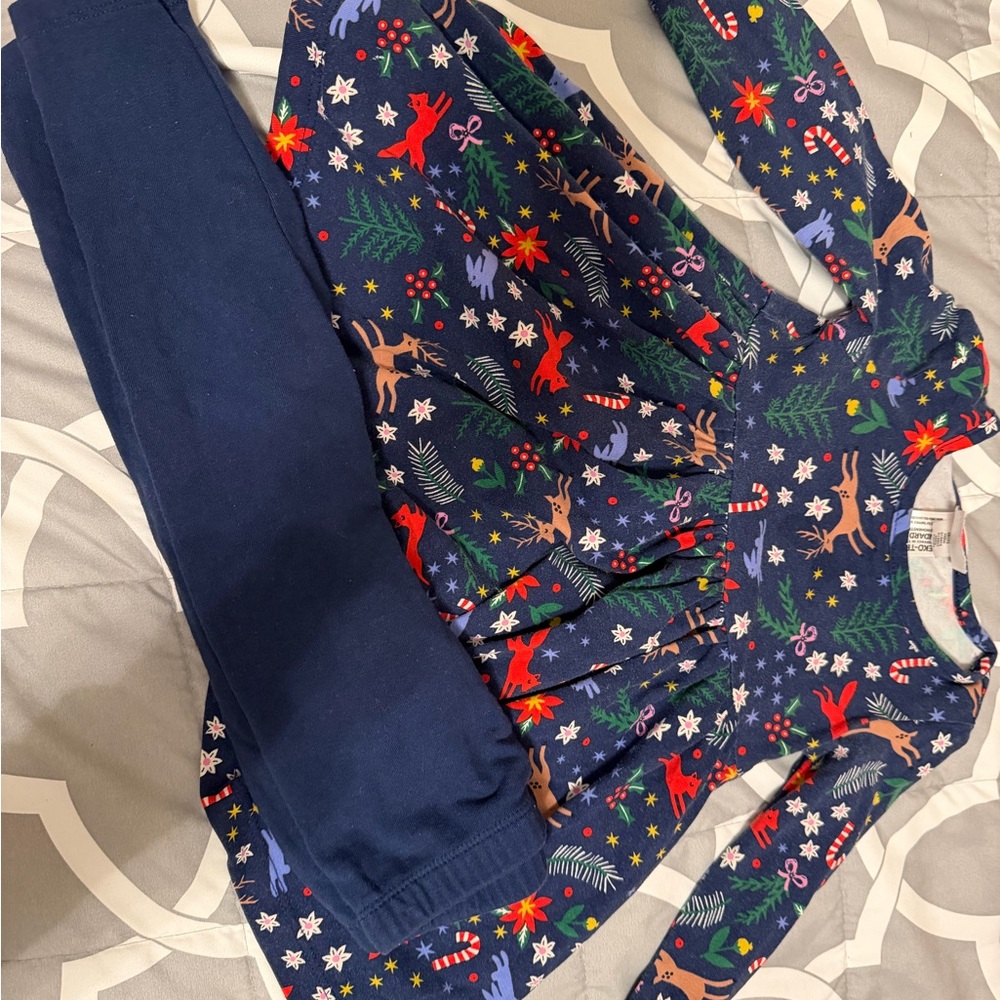 Hanna Andersson Navy Holiday Reindeer & Candy Cane Dress with Navy Leggings
